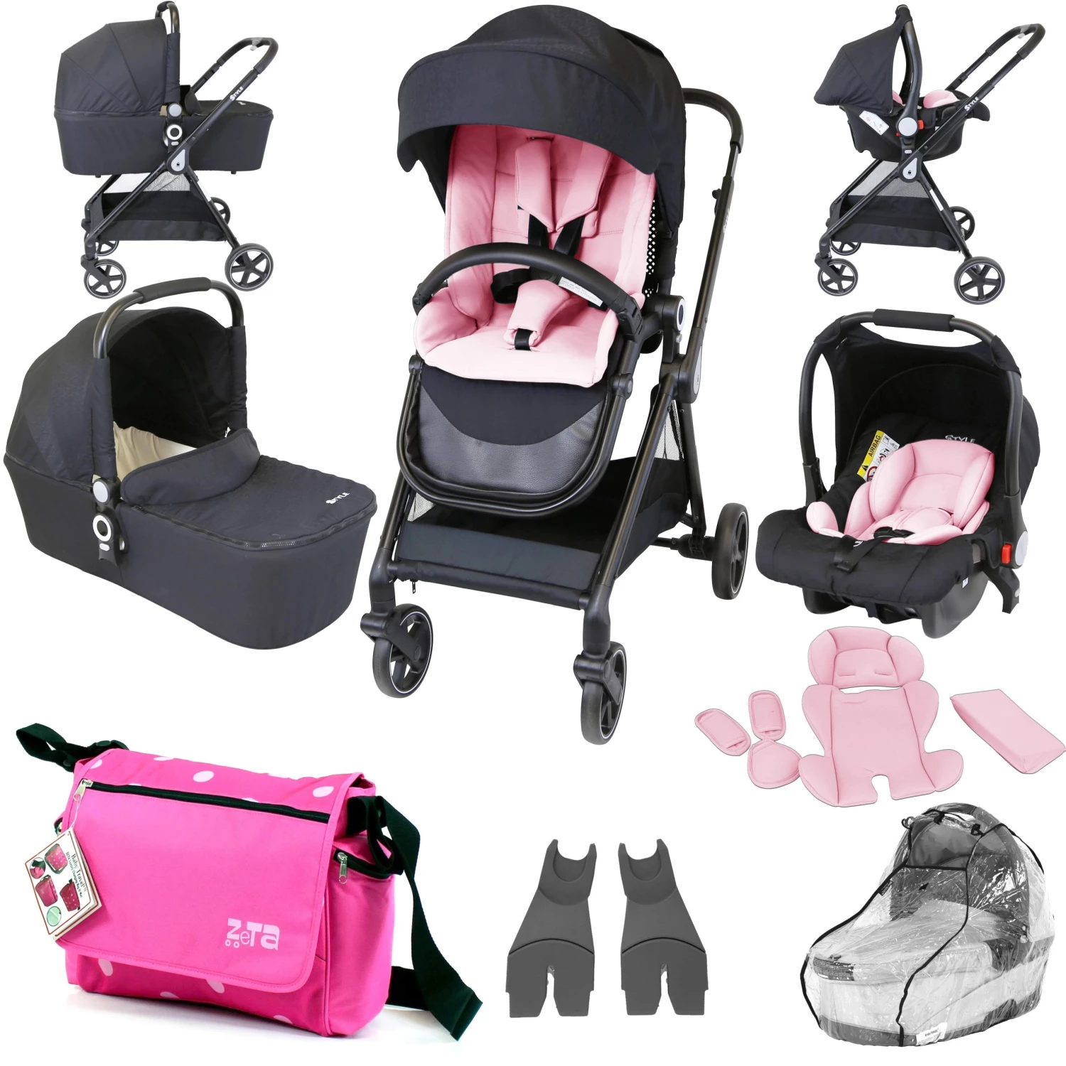ISafe 3 In 1 Prams IStyle 3 In 1 Pram Travel System (Pretty Pink) Including Rain Cover And Changing Bag.