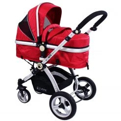 ISafe System - Red Travel Pram System Complete Package With Bedding + Raincover & Footmuff 3 In 1 Pram Systems