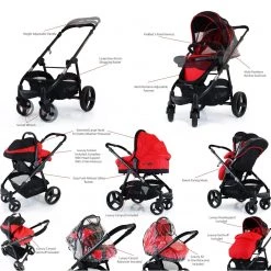 ISafe Pram Red Travel System Complete With Car Seat And Isofix Base