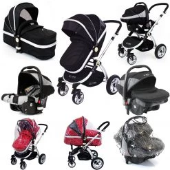 3 In 1 Pram Systems ISafe 3 In 1 Pram Travel System - Black + Carseat + Raincovers + Footmuffs