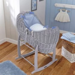 Clair De Lune Noah Pod Grey Wicker Moses Basket - Stars & Stripes Blue Moses Baskets