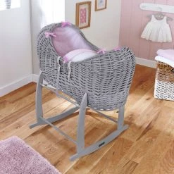Clair De Lune Noah Pod Grey Wicker Moses Basket - Stars & Stripes Pink Moses Baskets