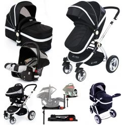 ISafe System - Black Pram Travel System Carseat & ISOFIX Base, Footmuff & Raincovers Package