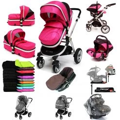 3 In 1 Pram Systems ISafe 3 In 1 Complete Trio Travel System Pram & Luxury Stroller Raspberry Pink