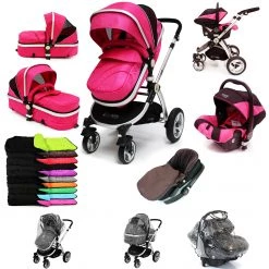 ISafe 3 In 1 Pram System - Raspberry Pink + Carseat + Footmuff & Raincover Package