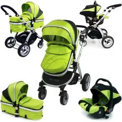 ISafe 3 In 1 Pram System - Lime Travel System + Carseat + Bedding 3 In 1 Pram Systems