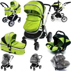 ISafe 3 In 1 Pram System - Lime Travel System + Carseat + Raincover Package 3 In 1 Pram Systems