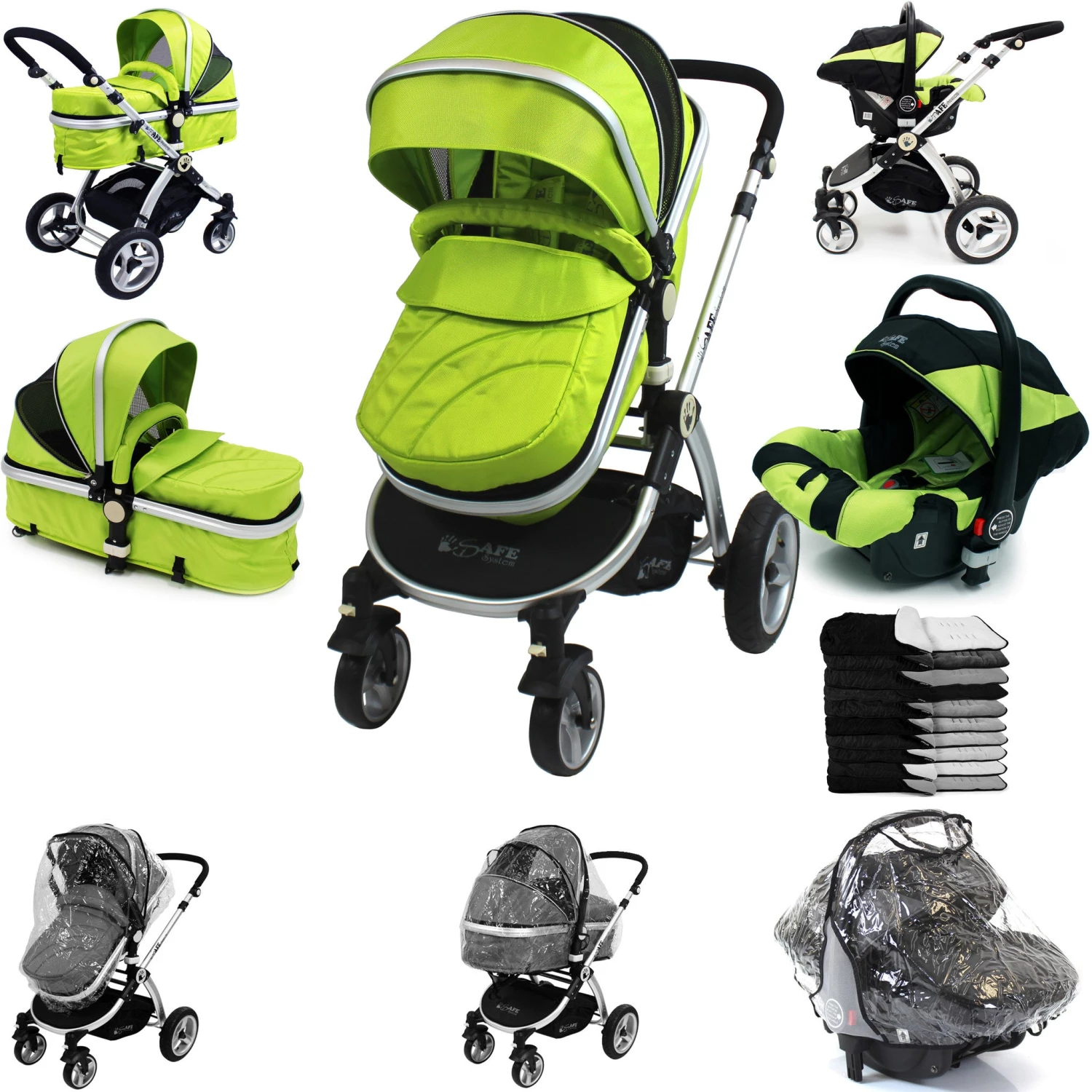 ISafe 3 In 1 Pram System - Lime + Carseat + Footmuff & Raincover Package 3 In 1 Pram Systems