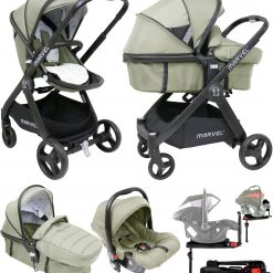ISafe Marvel 3 In 1 Complete Pram System Pushchair And Carseat - Sandstone + Isofix Base Marvel 3 In 1 Prams