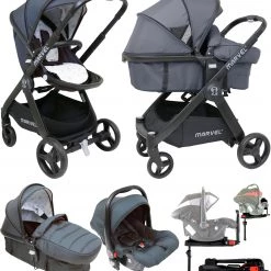 Marvel 3 In 1 Prams ISafe Marvel 2in1 Pram Travel System And Carseat - Charcoal Black + Isofix Base