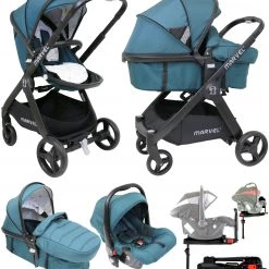 ISafe Marvel 3 In 1 Complete Pram System Pushchair And Carseat - Teal + Isofix Base
