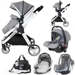 Marvel Travel System Pram - Dove Grey Pram Travel System (with Changing Bag And 2 Raincovers) 3 In 1 Pram Systems