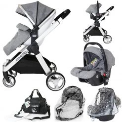 Marvel Pram Travel System Stroller Dove Grey Pram Travel System (Car Seat+ X2 Raincovers + X2 Footmuffs)