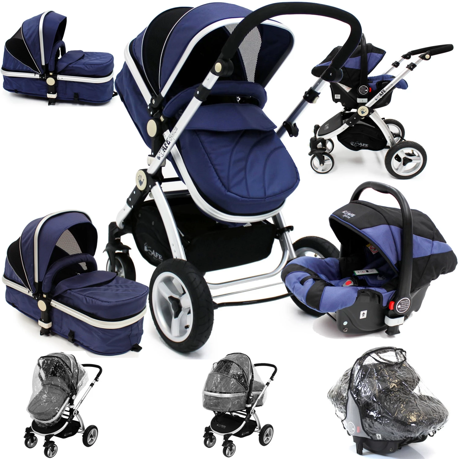 ISafe 3 In 1 Pram Travel System Navy (Dark Blue) With Carseat And Raincover 3 In 1 Pram Systems