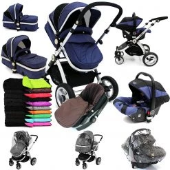 ISafe 3 In 1 Pram System - Navy (Dark Blue) + Carseat + Footmuff & Raincover Package