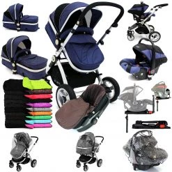 ISafe 3 In 1 Pram System Navy (Dark Blue) + Carseat + Isofix Base + Footmuff & Raincover Package