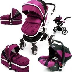 3 In 1 Pram Systems ISafe 3 In 1 Pram System - Plum (Purple) Travel System + Carseat + Bedding