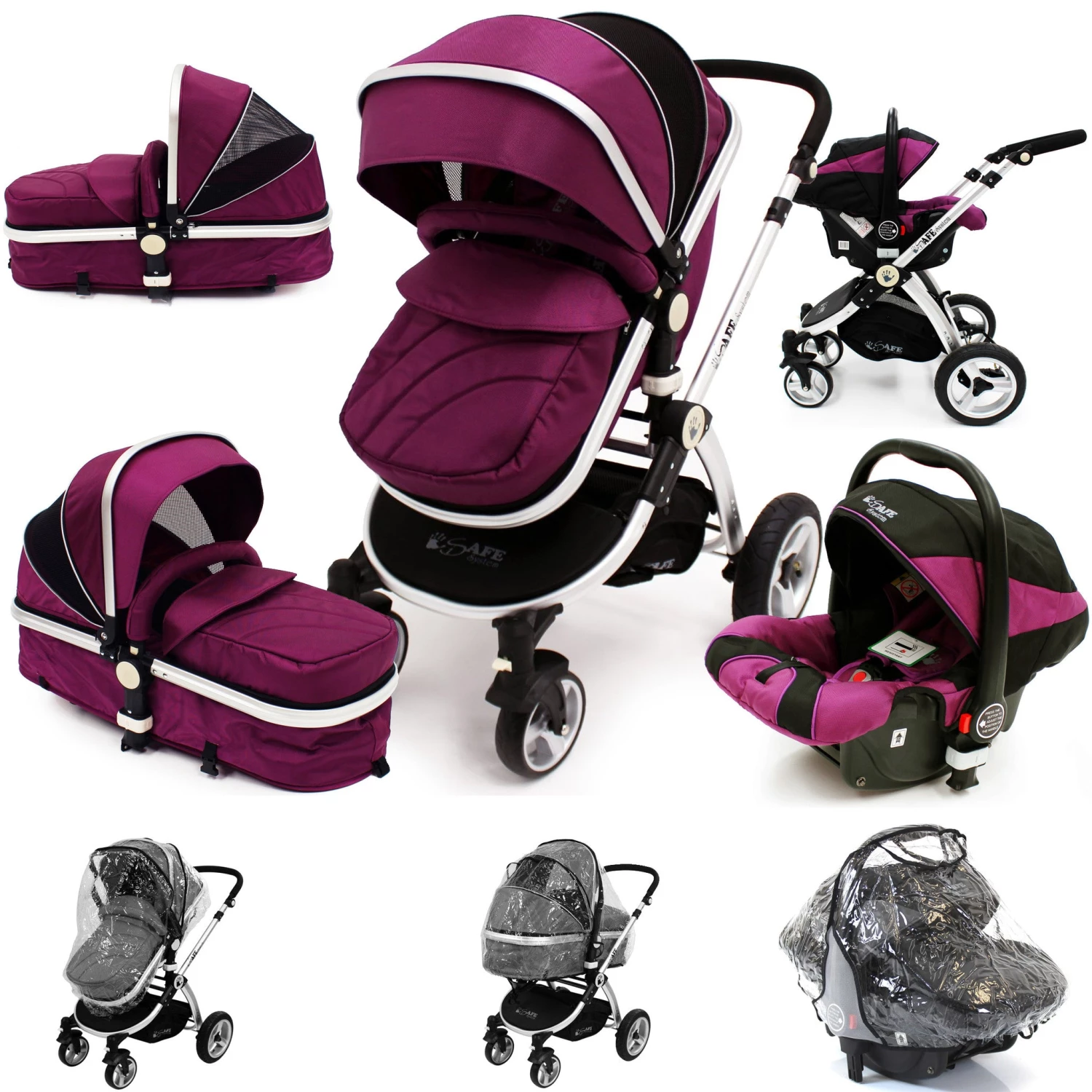 ISafe 3 In 1 Pram Travel System - Plum (Purple) With Carseat & Raincovers 3 In 1 Pram Systems