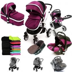 3 In 1 Pram Systems ISafe 3 In 1 Pram System Plum (Purple) + Carseat + Footmuff And Raincover Package