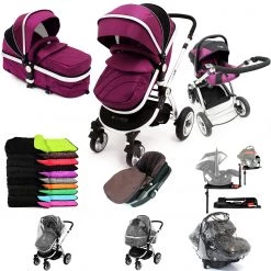 ISafe 3 In 1 Pram System - Plum (Purple) + Carseat + + Base + Footmuff & Raincover 3 In 1 Pram Systems