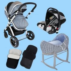 ISafe New Born Baby Boy Bundle - 3 In 1 Pram System Grey + Noah Pod + Footmuffs