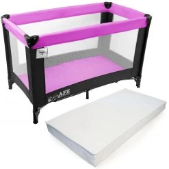 Rest & Play Collection ISafe Rest & Play Luxury Travel Cot/Playpen - Purple (Black/Plum) 120 Cm X 60 Cm Complete With Mattress