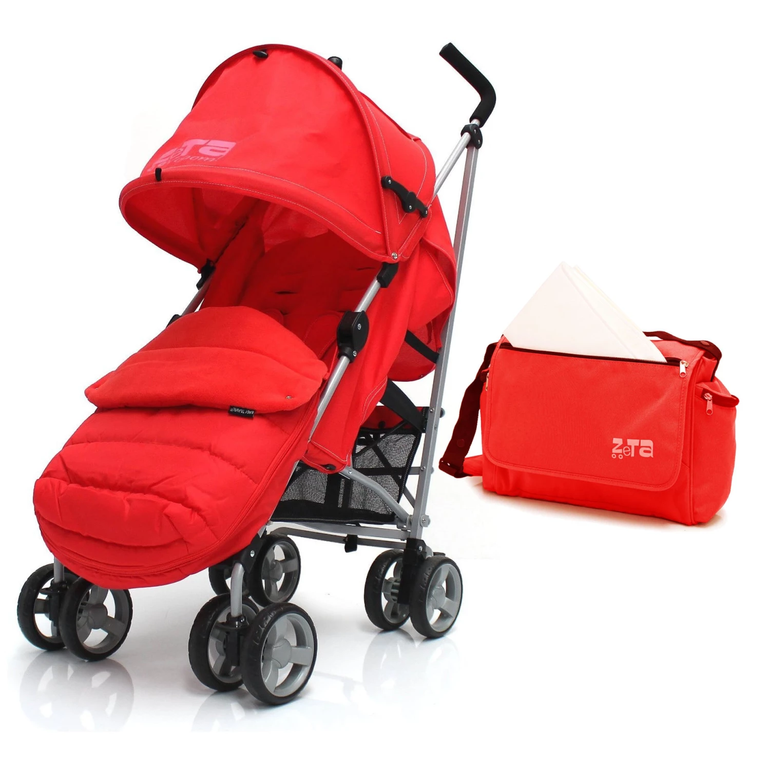 Holiday Strollers Zeta Vooom Red +Large Padded Footmuff + Changing Bag + Rain Cover