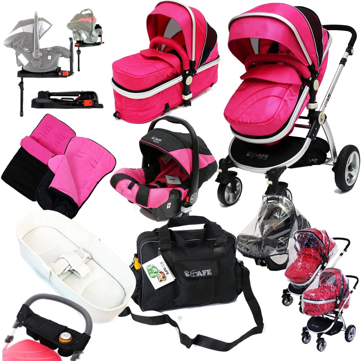 3 In 1 Pram Systems ISafe 3 In 1 Complete Trio Travel System Pram & Luxury Stroller Raspberry Pink