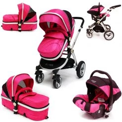3 In 1 Pram Systems ISafe 3 In 1 Pram System - Raspberry Pink Pram Travel System + Carseat