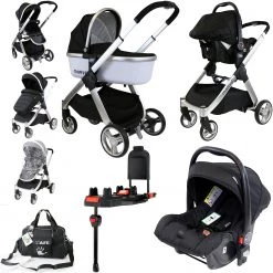 ISafe Marvel 3in1 Pram - Black Pearl Pram Travel System + Luxury Carseat + Carrycot + Isofix Base & Luxury Changing Bag