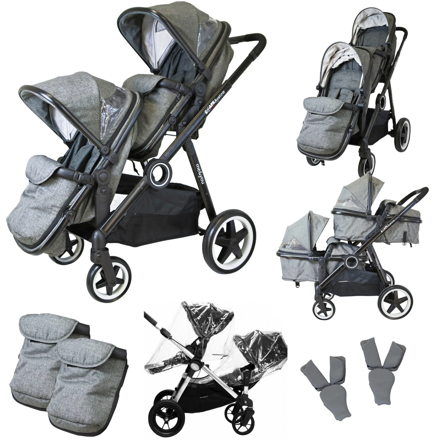ISafe Tandem Double Pram Travel System - Harmony + X2 Carseat + X2 Isofix Base + Bag