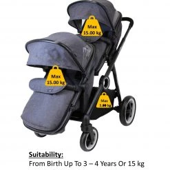 ISafe Tandem Double Pram Travel System - Harmony + X2 Carseat + X2 Isofix Base + Bag