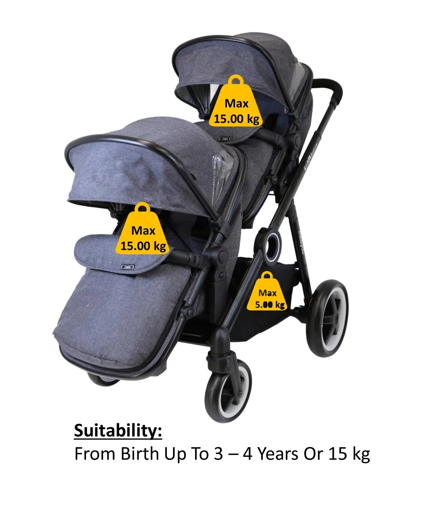 ISafe Tandem Double Pram Travel System - Harmony + X2 Carseat + X2 Isofix Base + Bag