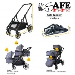 ISafe Tandem Double Pram Travel System - Harmony + X2 Carseat + X2 Isofix Base + Bag