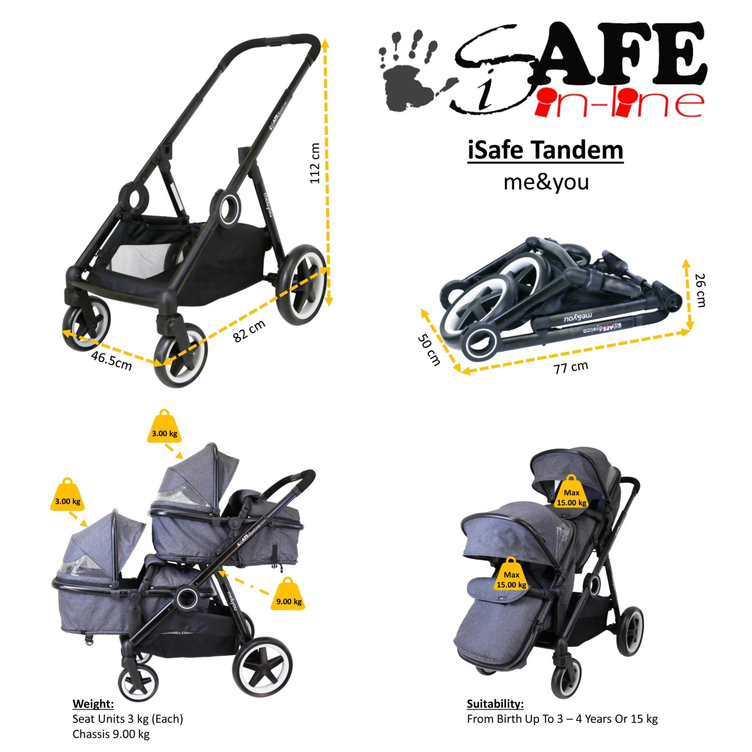 ISafe Tandem Double Pram Travel System - Harmony + X2 Carseat + X2 Isofix Base + Bag