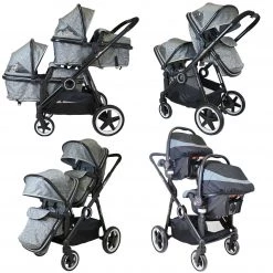 ISafe Tandem Double Pram Travel System - Harmony + Carseat + Isofix Base + Bag Tandems