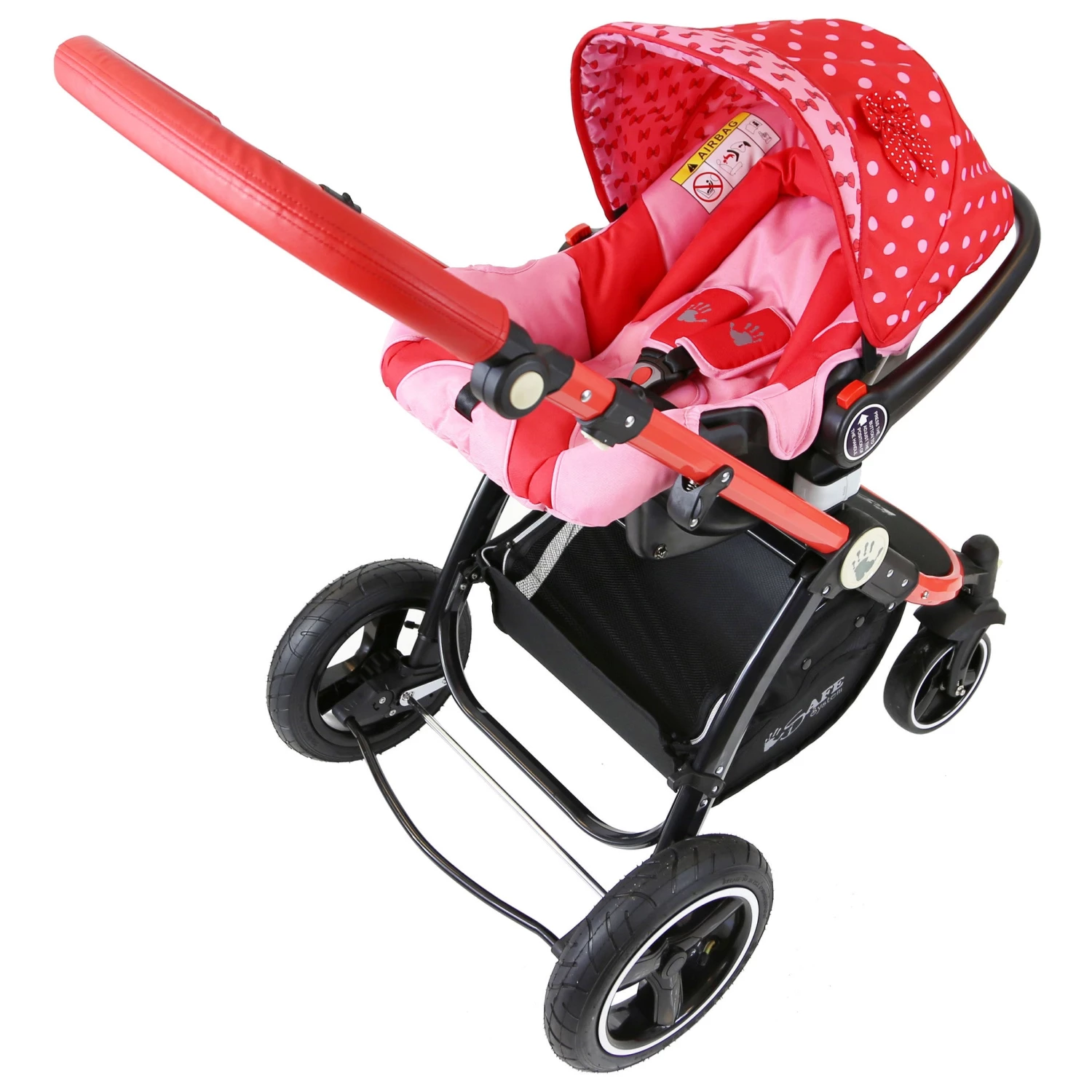 ISafe 3 In 1 Prams ISafe System Bow Dots Trio Travel System Pram & Stroller 3 In 1 Complete With Car Seat, Base, Rain Covers & Foot Muffs