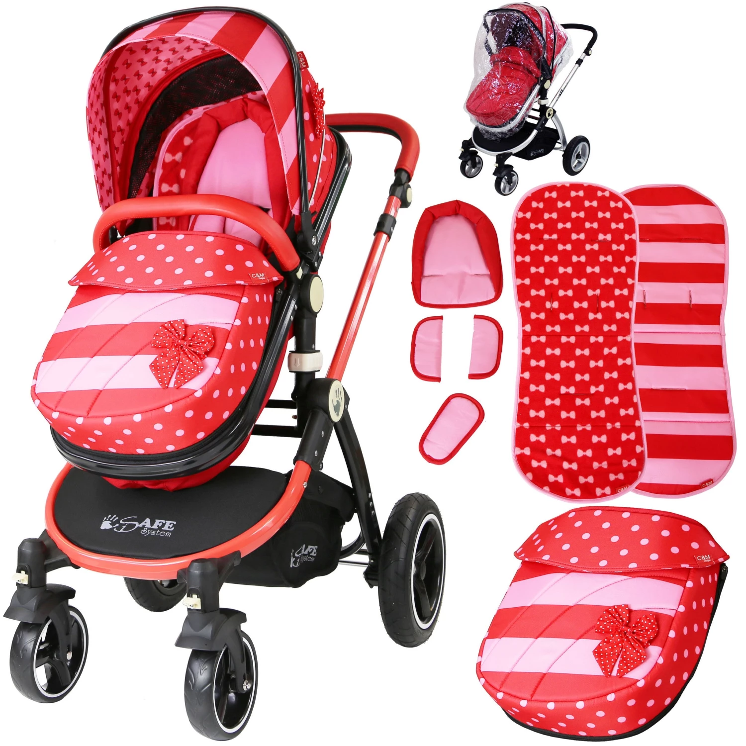 ISafe Baby Pram System 3in1 - Bow Dots Design With Carseat And Raincover