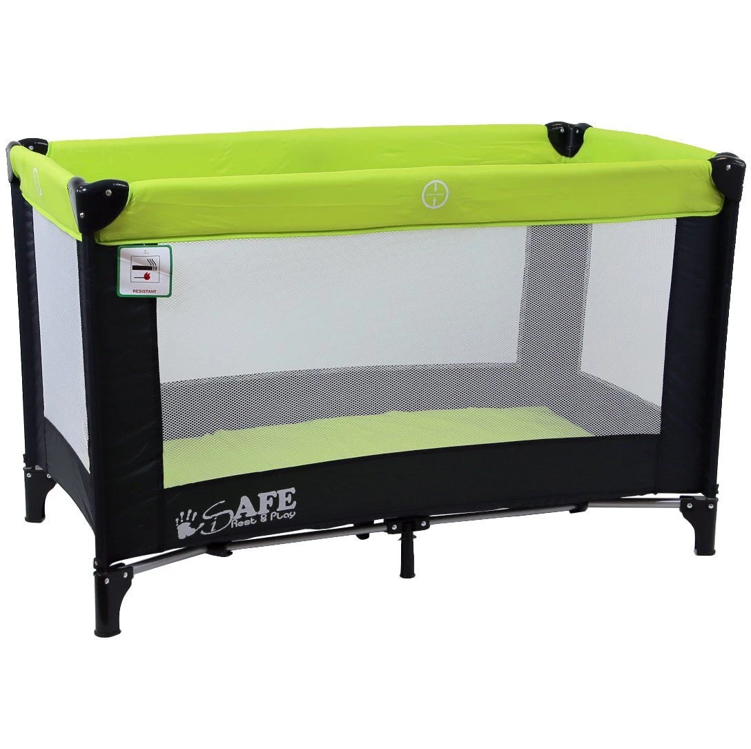 Rest & Play Collection ISafe Rest & Play Luxury Travel Cot/Playpen - Lime (Black/Lime) 120 Cm X 60 Cm Complete With Mattress