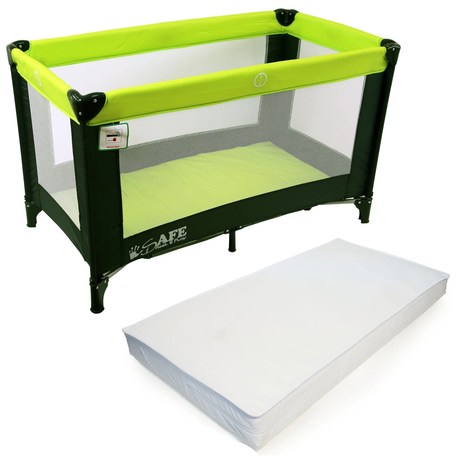 Rest & Play Collection ISafe Rest & Play Luxury Travel Cot/Playpen - Lime (Black/Lime) 120 Cm X 60 Cm Complete With Mattress