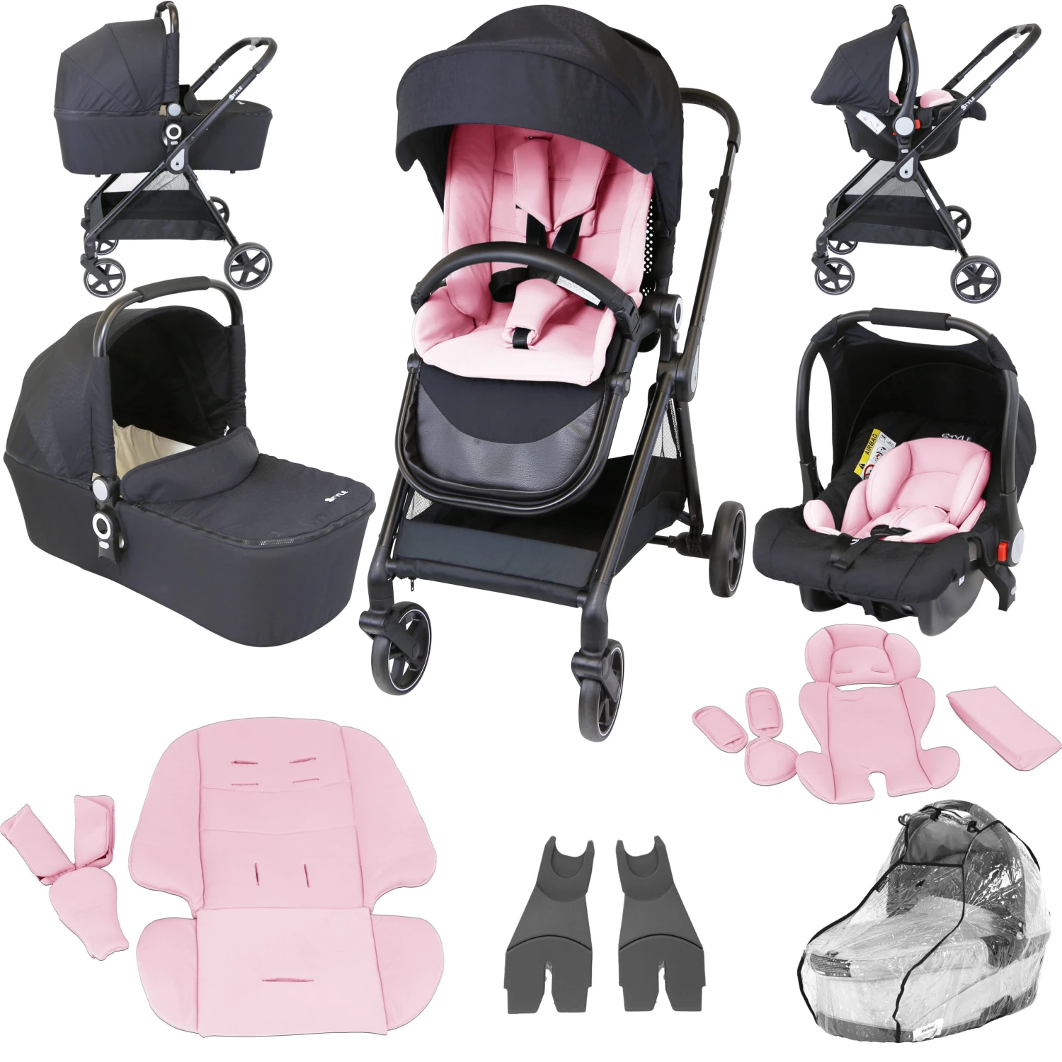 ISafe 3 In 1 Prams IStyle 3 In 1 Pram Travel System (Pretty Pink) Including Rain Cover And Changing Bag.