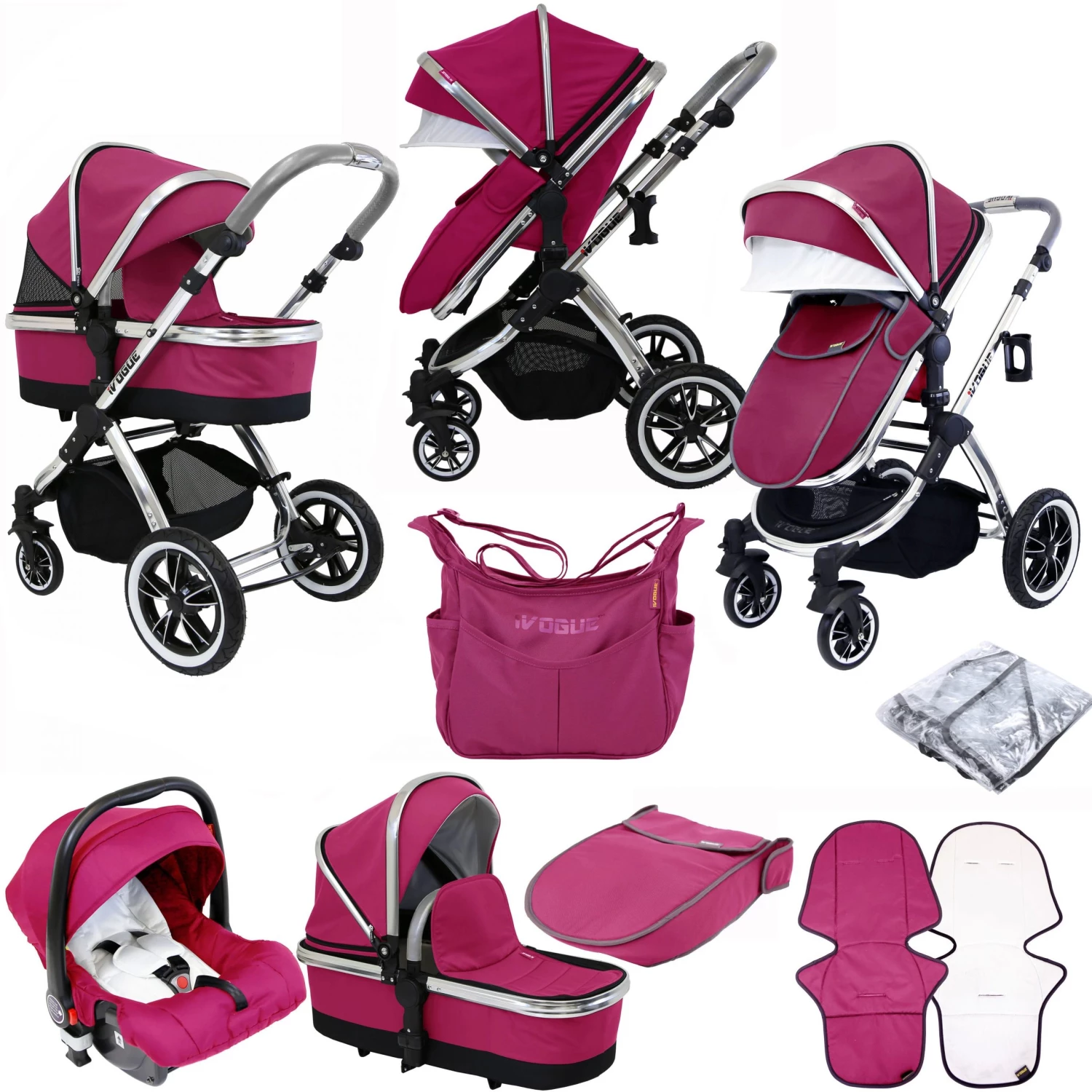 ISafe 3 In 1 Prams IVogue Sienna 3in1 Pram Stroller Travel System With Carseat Changing Bag Raincover (Clearance)