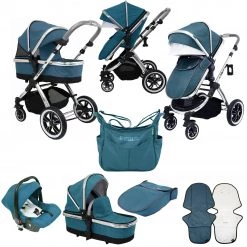 3 In 1 Pram Systems IVogue Teal 3in1 Pram Stroller Travel System With Carseat Changing Bag Raincover