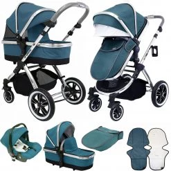 IVogue Teal 3 In 1 Pram System Includes (Changing Bag, Car Seat, Isofix Base, Parent Console) ISafe 3 In 1 Prams