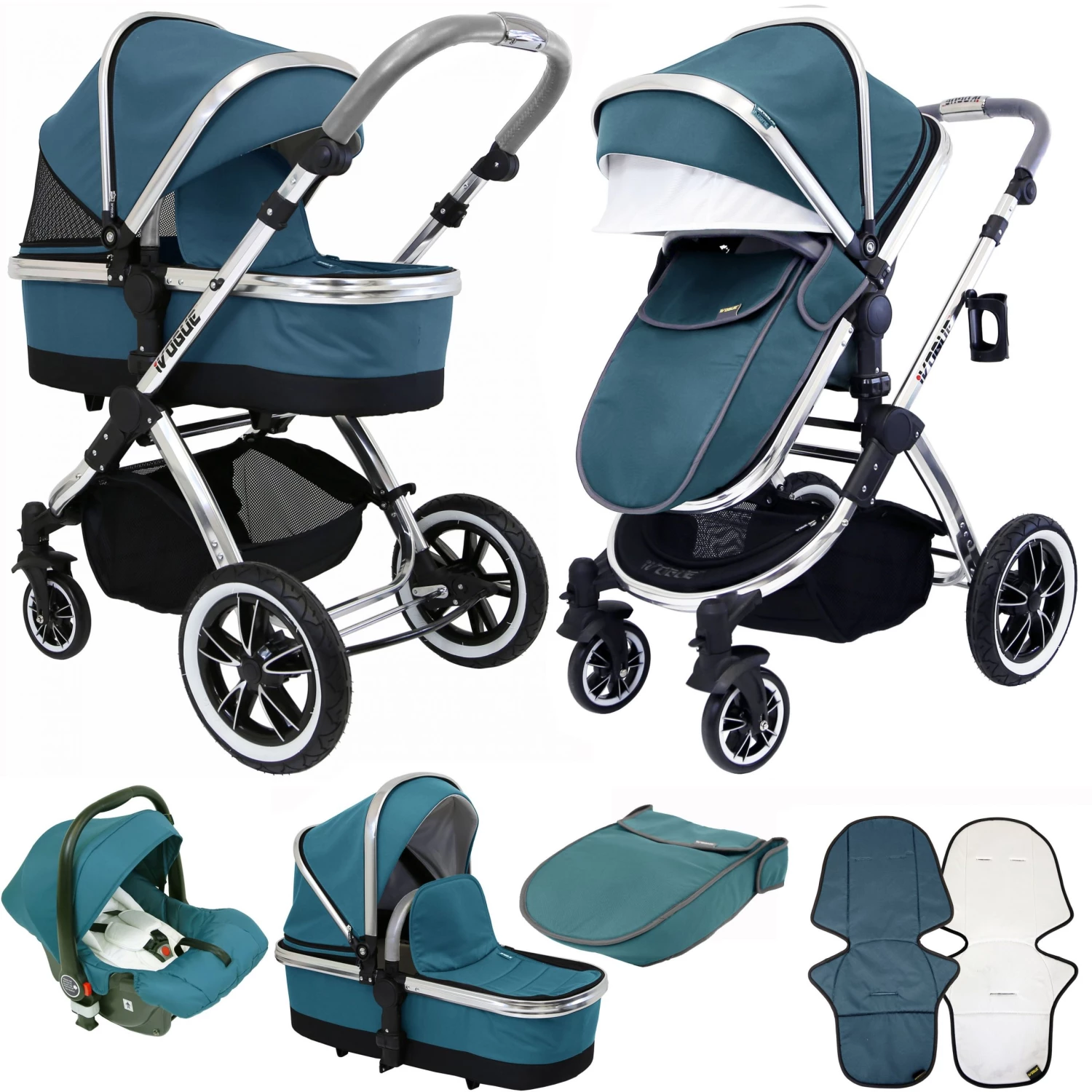 IVogue Teal 3 In 1 Pram System Includes (Changing Bag, Car Seat, Isofix Base, Parent Console) ISafe 3 In 1 Prams