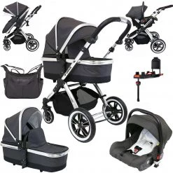 IVogue Silver Shadow 3in1 Pram Stroller Travel System (Inc. Car Seat & Isofix Base & Bag) IVogue 3 In 1 Prams