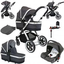 IVogue 3 In 1 Prams IVogue Silver Shadow 3in1 Pram Stroller Travel System (Inc. Car Seat & Isofix Base)