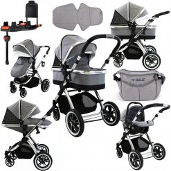 IVogue Grey Luxury 3in1 Pram (Isofix Base + Changing Bag + Car Seat Included)