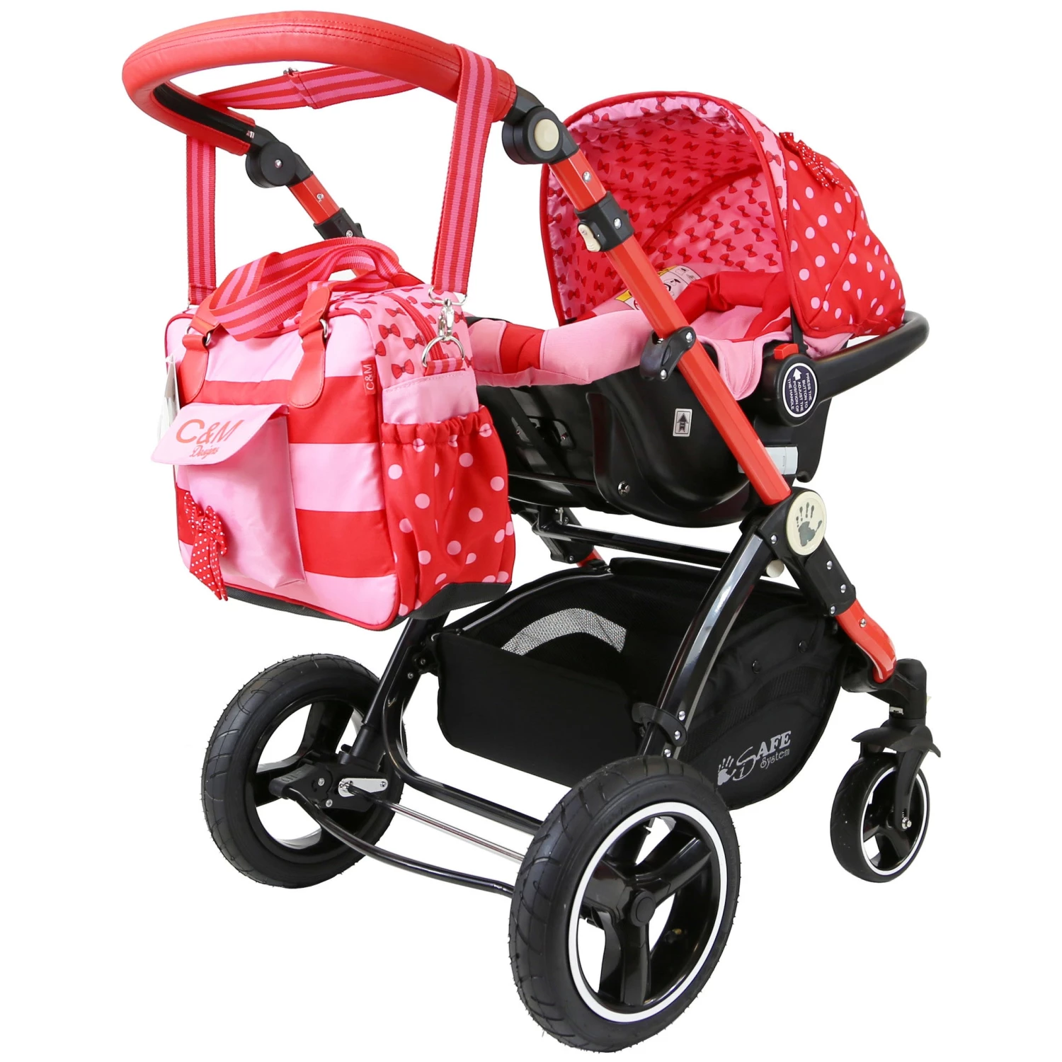 ISafe I-Safe System - Bow Dots Trio Travel System Pram & Luxury Stroller 3 In 1 Complete With Car Seat, Base, Bag, Bedding,Console Rain Covers & Foot Muffs 3 In 1 Limited Editions