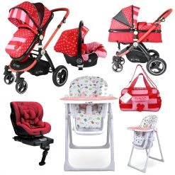 ISafe 3 In 1 Bow Dots Bundle + Group 0+1 Car Seat + High Chair + Changing Bag 3 In 1 Pram Systems
